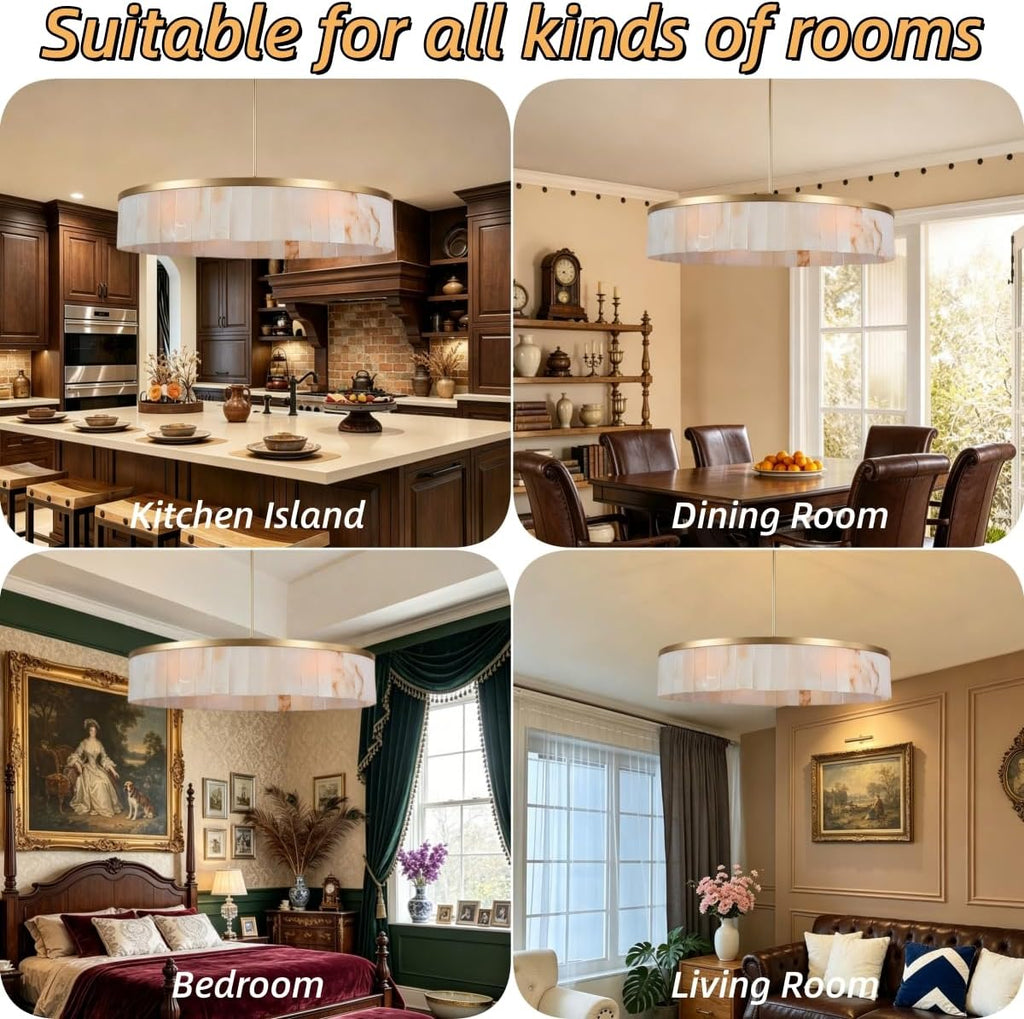 42' Luxury Alabaster Chandelier, Natural Marble Round Pendant Light Large Drum Pendant Chandelier, Large Modern Stone Hanging Fixture for High Ceiling Living Room Dining Room Foyer Entryway (Brass)