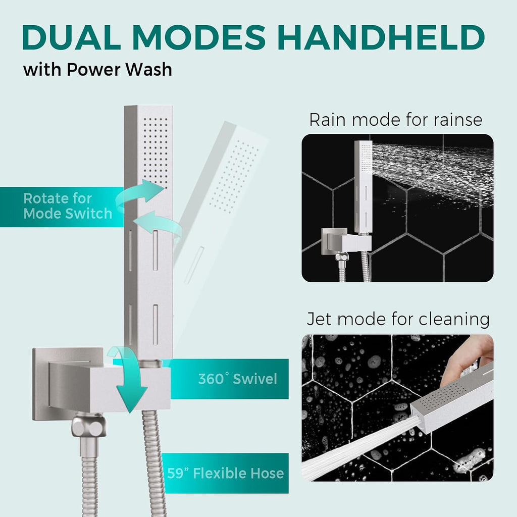 Brushed Nickel Dual heads Thermostatic Shower Faucets Set, 4-Way Shower System 14X20Inch LED Rainfall Shower Head with 6inch Wall Mount Showerhead and Dual-mode Handheld, 4 Jets with Shut-Off