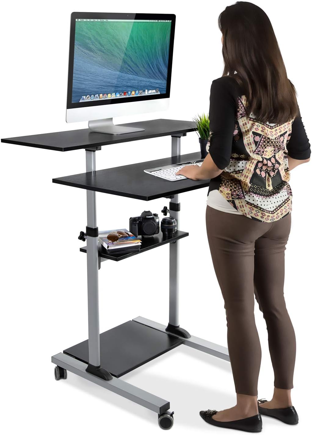Mount-It! Mobile Standing Desk | Height Adjustable Rolling Desk with 40 Wide Table Tops | Multi-Purpose Rolling Presentation Cart with Four Platforms | (MI-7970)