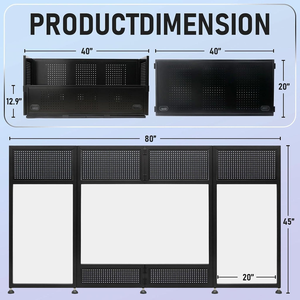 Portable DJ Booth Table, 41'L x 20'W DJ Table Stand Portable Booth Double Deck, Adjustable DJ Facade Station with White & Black Scrim, Foldable Metal Frame DJ Booth Panel for Parties, Wedding, Bars