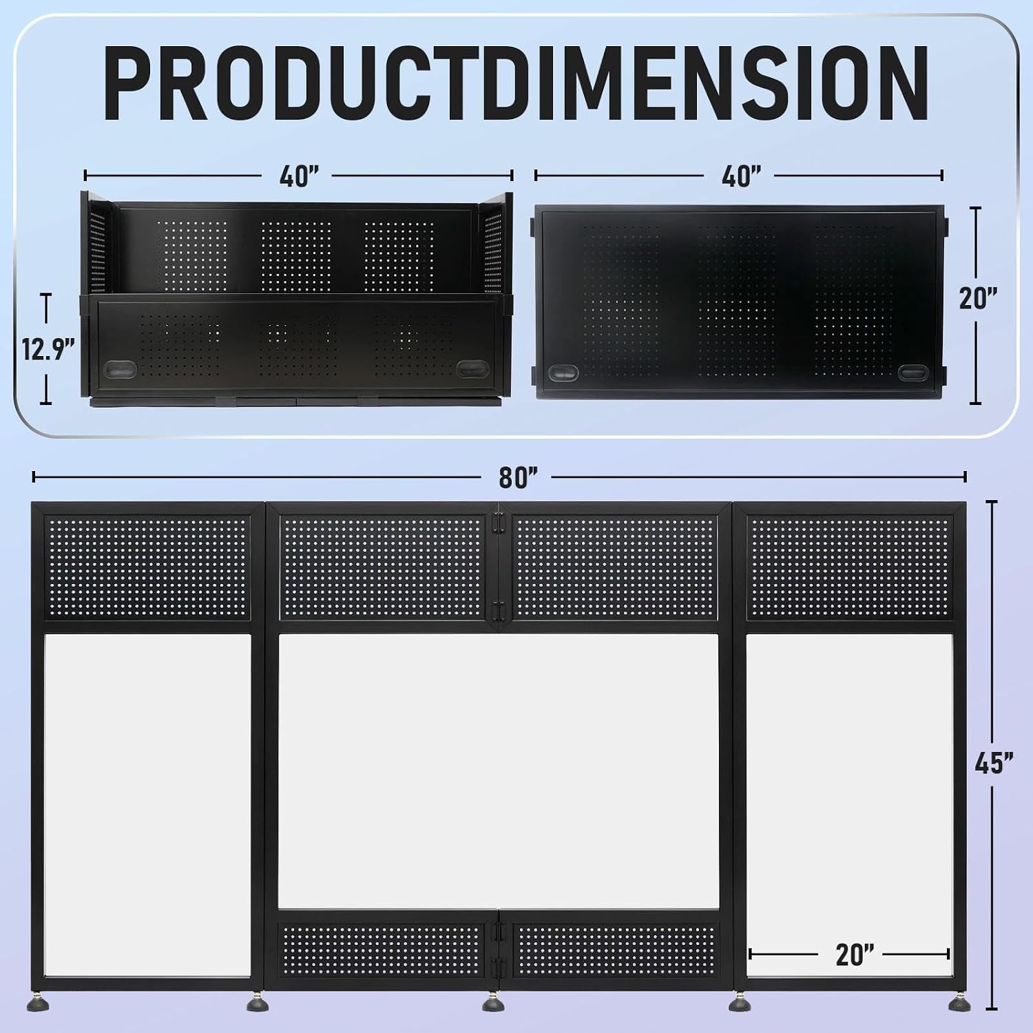 Portable DJ Booth Table, 41'L x 20'W DJ Table Stand Portable Booth Double Deck, Adjustable DJ Facade Station with White & Black Scrim, Foldable Metal Frame DJ Booth Panel for Parties, Wedding, Bars