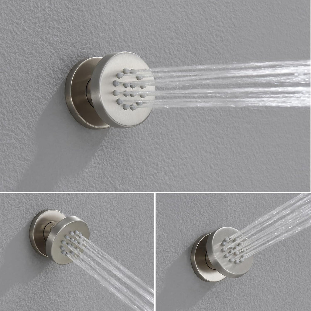 Iriber Brushed Nickel Round Rain Shower System with 4 PCS Body Jets 3 Function Shower Faucet Set Contain 12 Inch Shower Head and Handheld Wall Mounted Pressure Balance Shower Trim Kit (Valve Included)