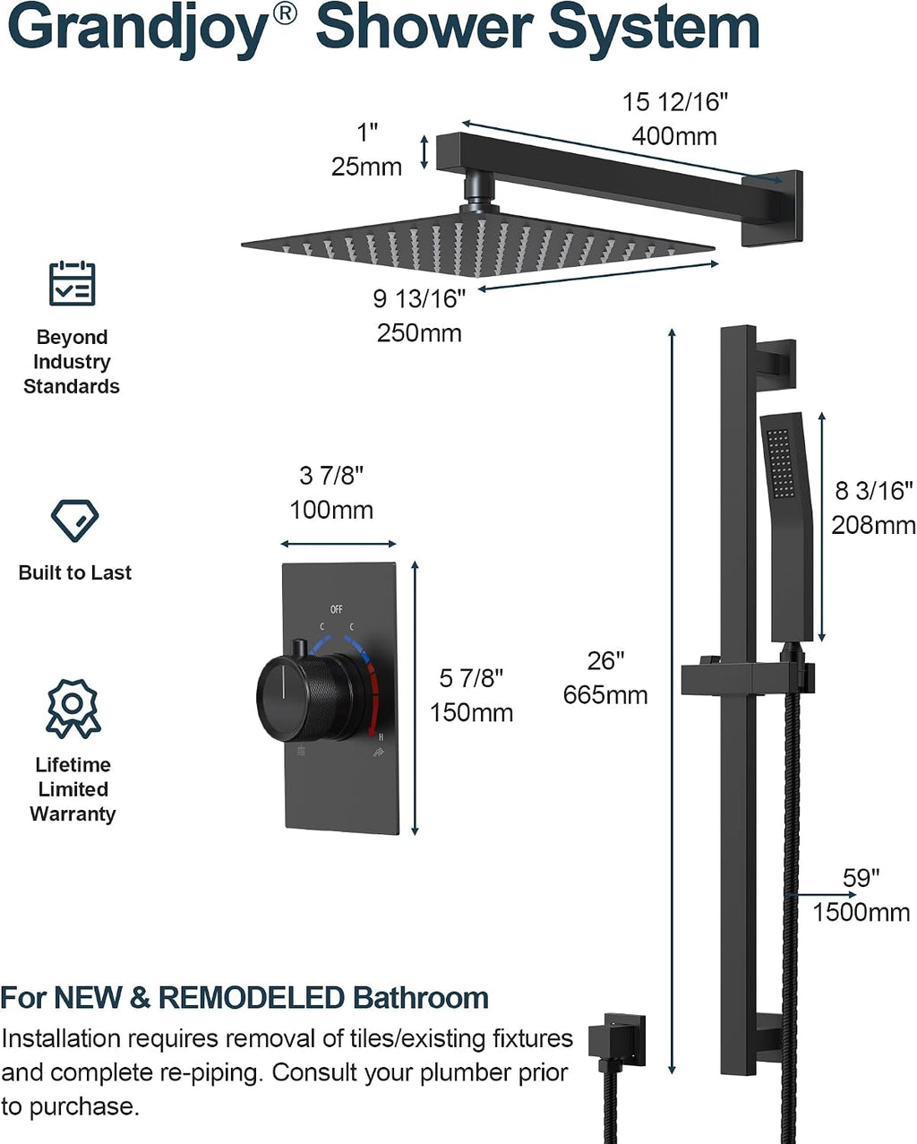 10' Shower Faucet Set with Valve, Wall Mounted Shower Head with High Pressure Handheld Sprayer & Slide Bar, Matte Black
