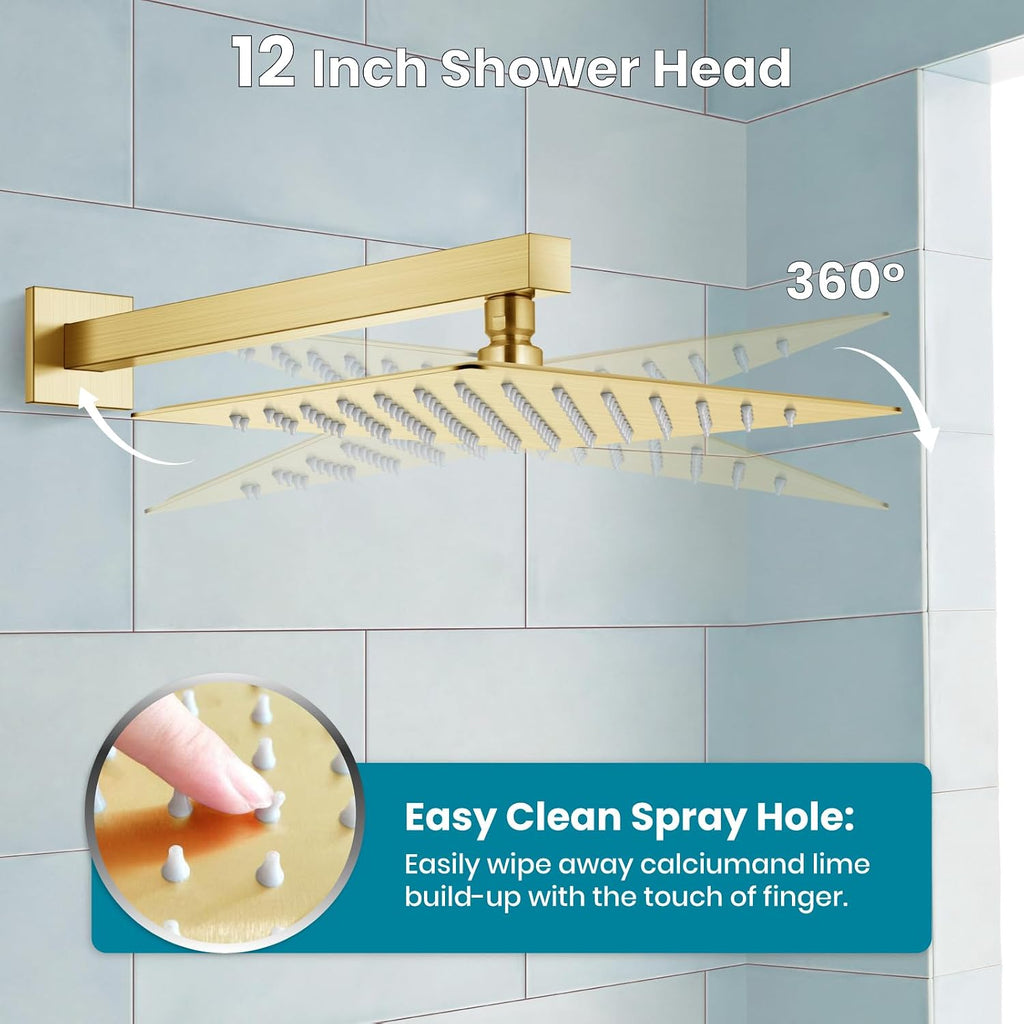 gotonovo Shower System with Tub Spout Wall Mounted Rain Shower Head and Handle Combo Shower Faucet Set with Valve, 12 Inch, Brushed Gold