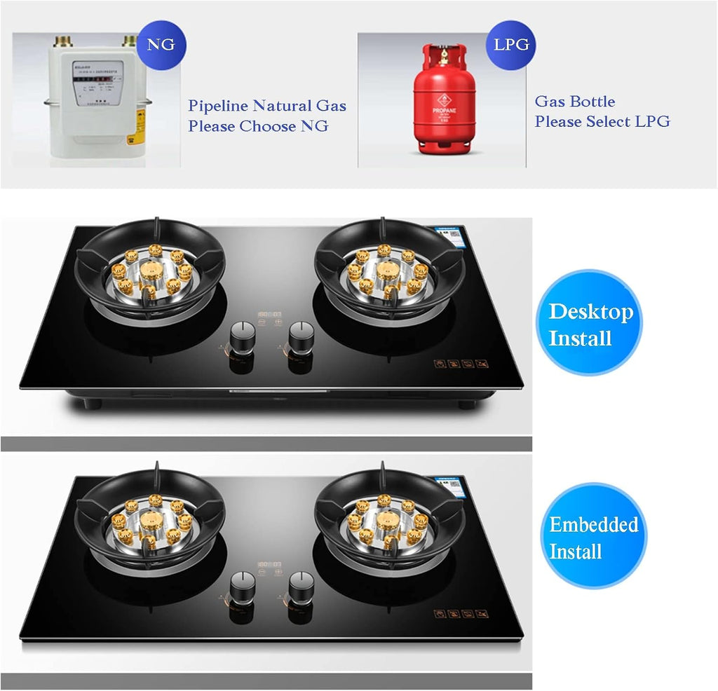 Countertop/Built-in Gas Cooktop,17742 BTU Tempered Glass Gas Cooktop 2 Burners,Flameout Protection,Suitable for Apartments,Indoor(LPG)(NG) (Size : LPG)
