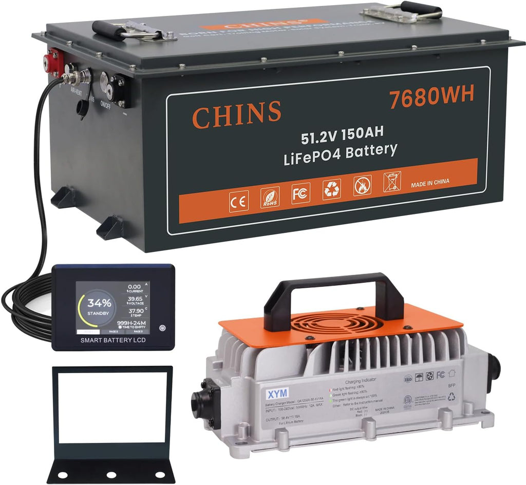 CHINS 48V 150Ah Lithium Golf Cart Battery, Built-in Smart 200A BMS, Includes 48V 18A Charger, 48V Lithium Battery, Max 10.24kW Output 70 Miles Range, Perfect for Golf Cart