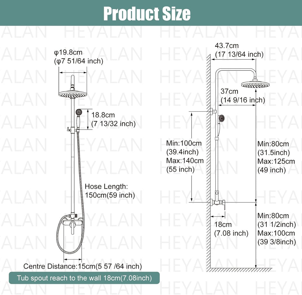Heyalan Antique Brass Exposed Pipe Shower System 8 Inch Rainfall Shower Head Brass Fixture Combo Set Single Handle Handheld Sprayer Bathroom Shower Faucet Dual Functions