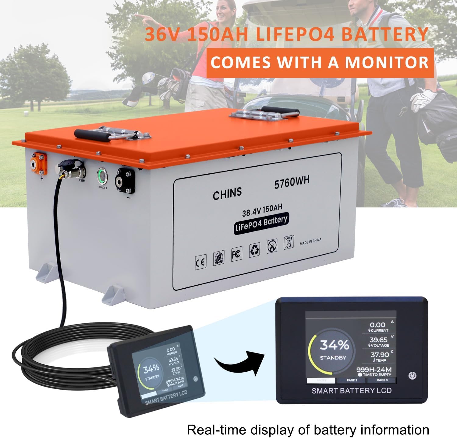 CHINS Smart 36V 150AH Bluetooth LiFePO4 Battery Lithium Battery Perfect for Golf Cart, Trolling Motor, Marine, Built-in 200A BMS, Includes 36V 25A Charger and Battery Monitor, Peak Current 1000A