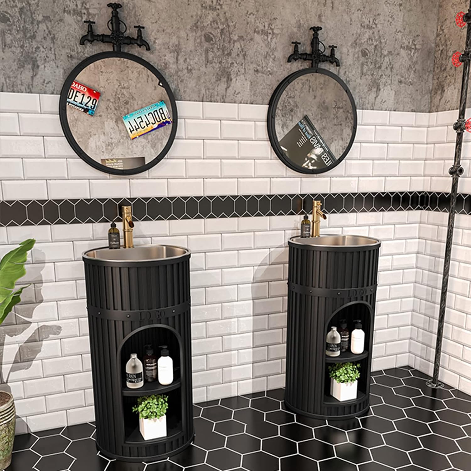 16 Inch Small Bathroom Vanity with Sink, Free Standing Sink Cabinet, Industrial Style Wrought Iron Bathroom Cabinet with Drain and Hot and Cold Faucet,Black,Orange