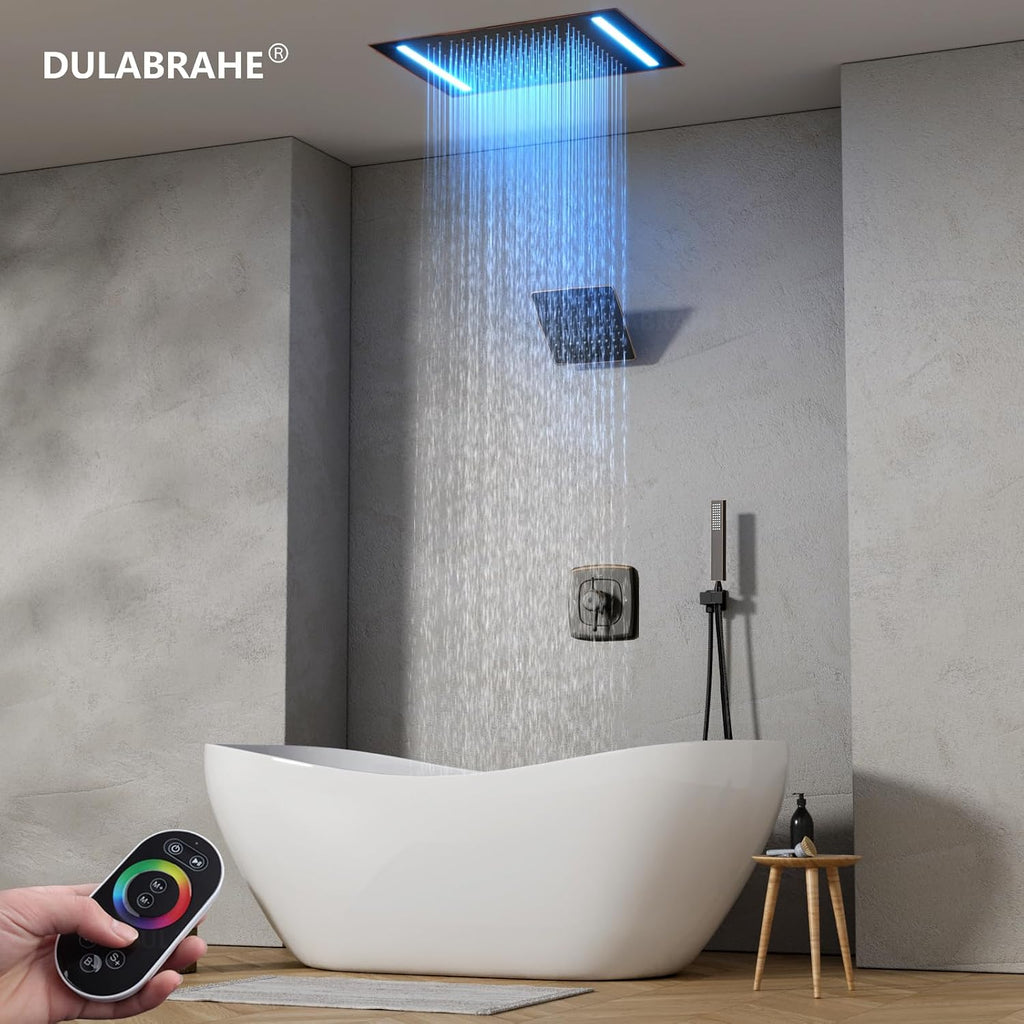 14 X 20 Inch Ceiling LED Rain Shower Head, Dual Rainfall Smart Shower System Set With 8 Inch Wall Head For Two People (Oil Rubbed Bronze)