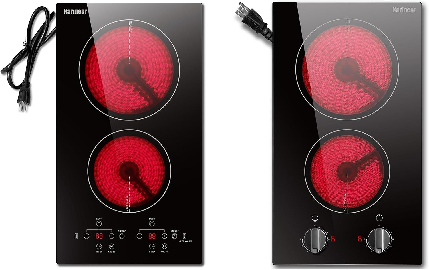 Karinear 110V Electric Cooktop 2 Burners, Countertop & Built-in Electric Stove Top Plug in