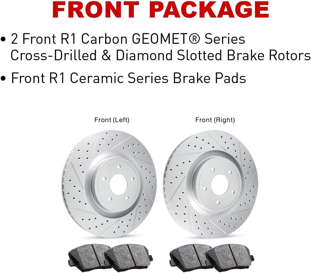 R1 Concepts Front Brake Kit Fits 2006-2008 Jaguar S-Type; 2006-2009 Jaguar Super, XJR; 2009-2015 Jaguar XF; 2010-2019 Jaguar XJ| Ceramic Brake Pads and Drilled Slotted Brake Rotors| 14.0' Front