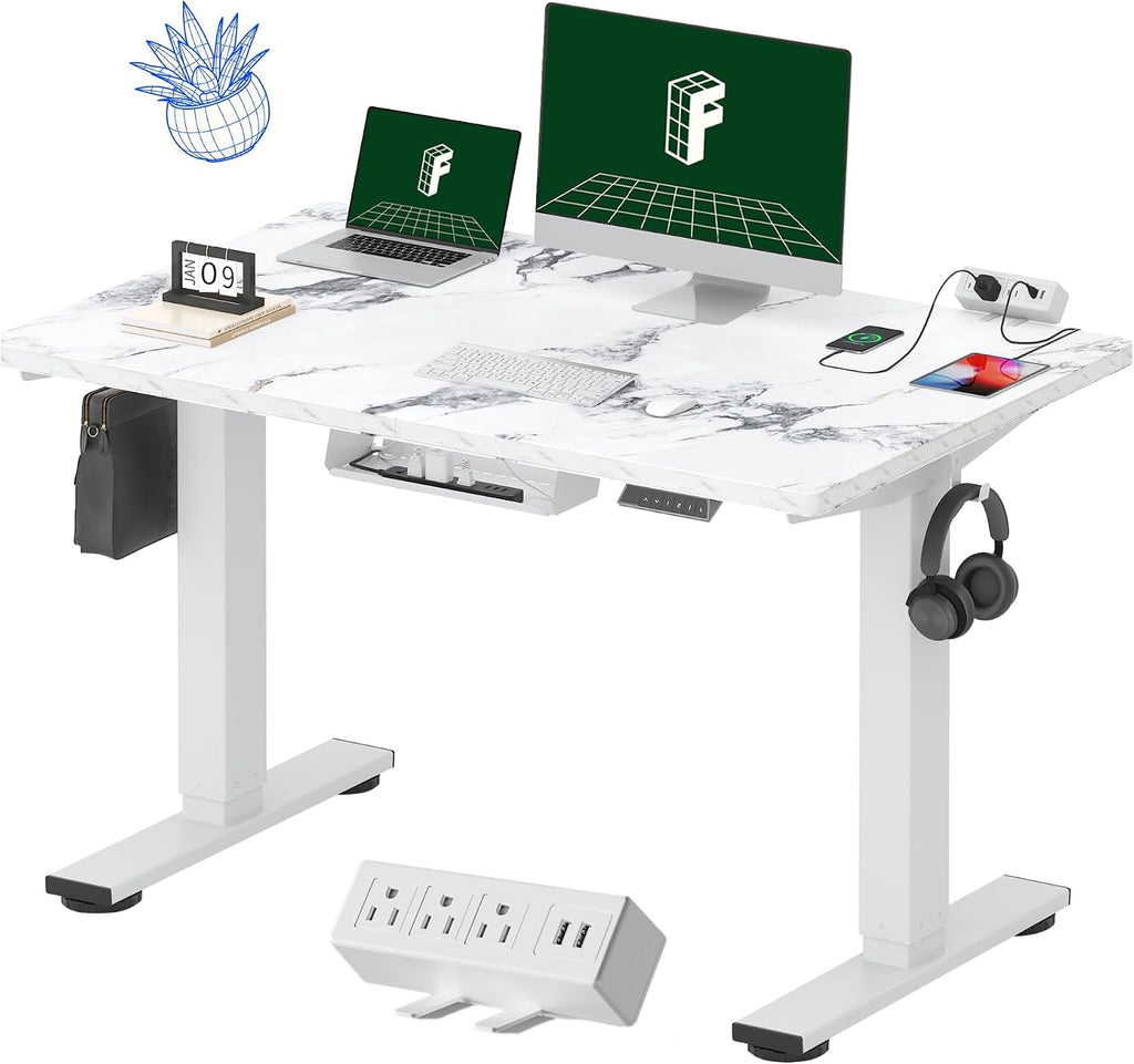 FLEXISPOT EN2 Whole-Piece Standing Desk with Clamp Power Strip, 48 x 30 Electric Stand Up Height Adjustable Desk with Cable Management (White Frame + 48' Marble Gray Top, 2 Packages)