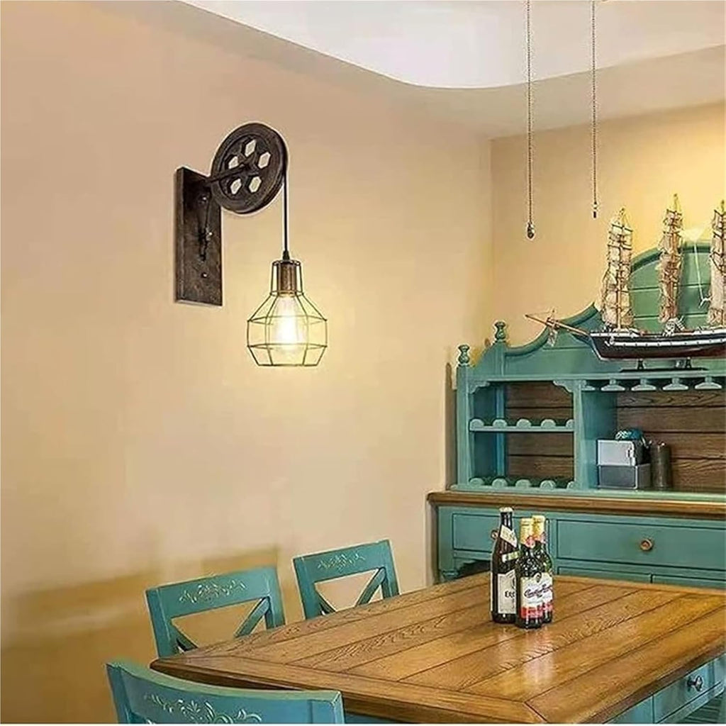 Wall Lamps & Sconces Industrial Pulley Wall Sconce Vintage Style Wrought Iron Cage Wall Lamp with Wheel Arm and Cylinder Shade Mid-Century Wall Lighting Fixture Black Wall Mounted Light for Bed(A)