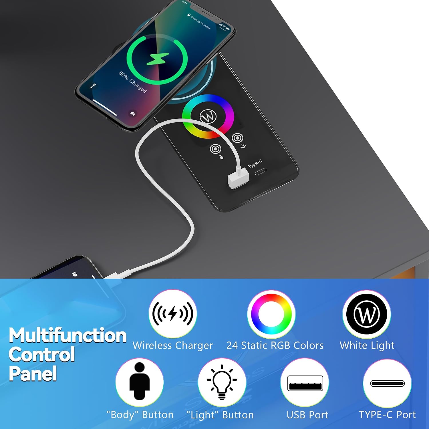 Smart Night Stand with 360° Laptop Tray, RGB Nightstand with Charging Station,Modern Bedside Table with 24-Color Human Sensor Lights,Large End Table w/ 2 Drawers,3 Shelves,5 Wheels,Grey