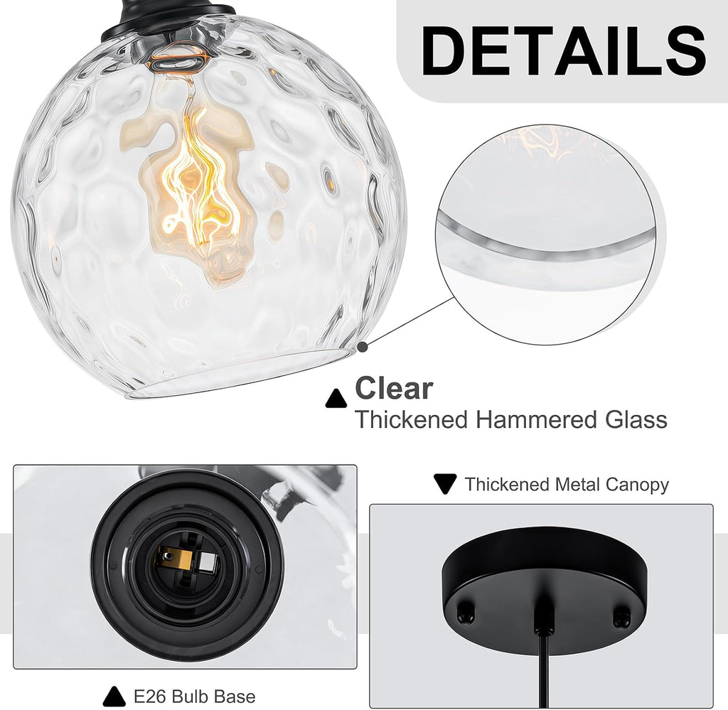 Globe Pendant Light Fixtures, 2 Pack Glass Black Pendant Lights Kitchen Island with 7.8' Clear Hammered Glass, Adjustable Hanging Island Lights for Kitchen Bathroom Sink Entryway Dining Room