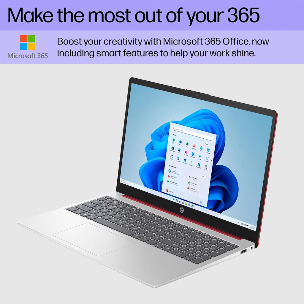 HP 15.6' Portable Laptop (Include 1 Year Microsoft 365), HD Display, Intel Quad-Core N200 Processor, 4GB RAM, 128GB Storage, Wi-Fi 5, Webcam, HDMI, Numeric Keypad, Windows 11 Home, Red