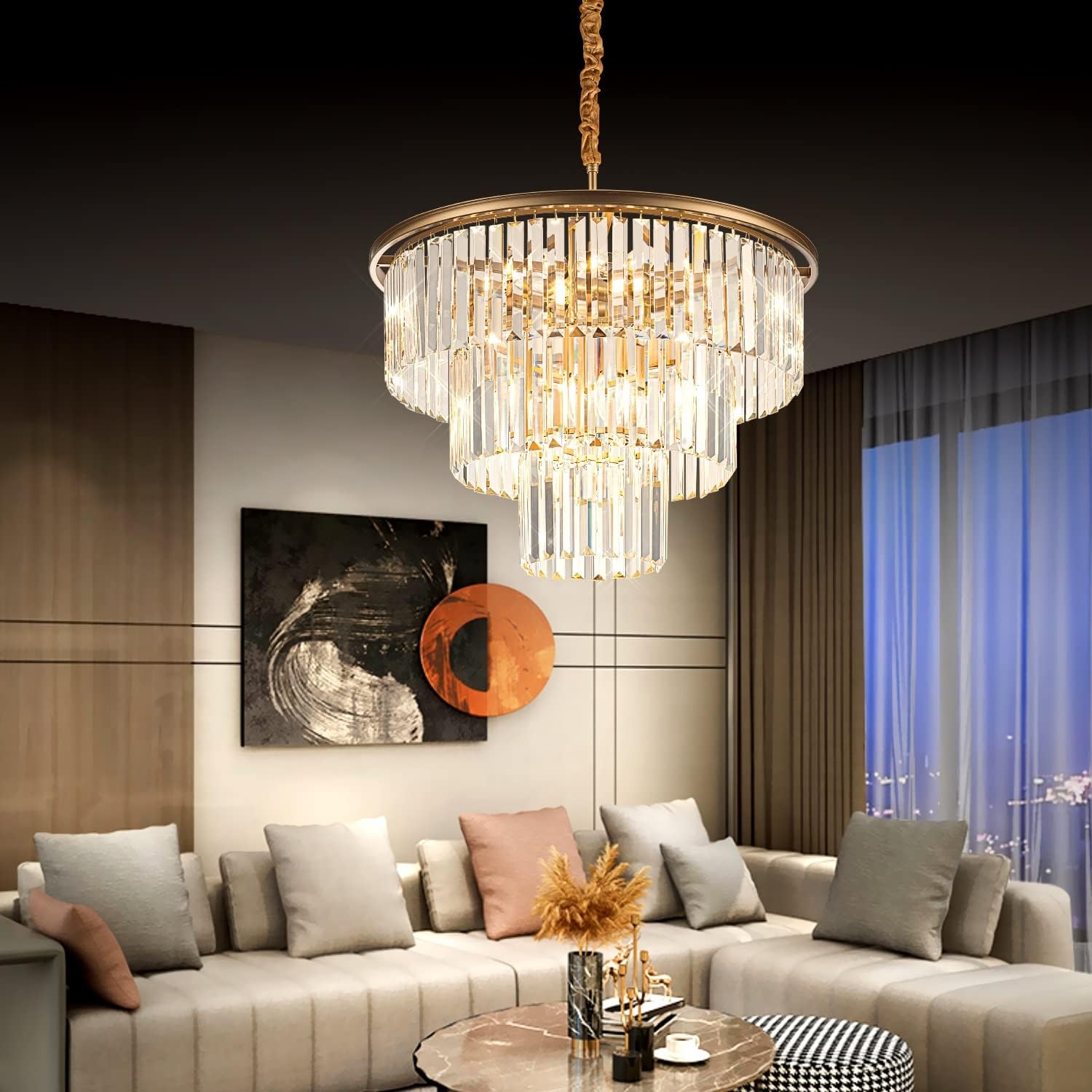 12-Light 23.64' Gold Modern Crystal Chandelier Crystal Pendant Chandeliers Light Fixture 3-Tier Hanging Lighting for Living Dinning Room Bedroom Foyer