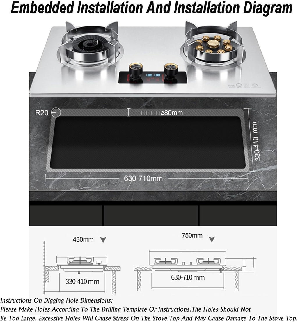 Stainless Steel Gas Stove 2 Burners, 5.2KW Built-in Gas Cooker Plug and Play, Accidental Flameout Protection Device, LPG/Natural Gas Kit(NG)