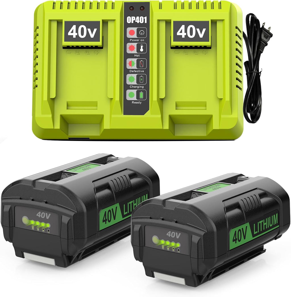 2Pack 6.5Ah Replacement for Ryobi 40V Battery and Charger Kit for 40 Volts Battery OP4026 OP4040 OP40401 OP40601 with Dual Port Ryobi 40V Charger OP401