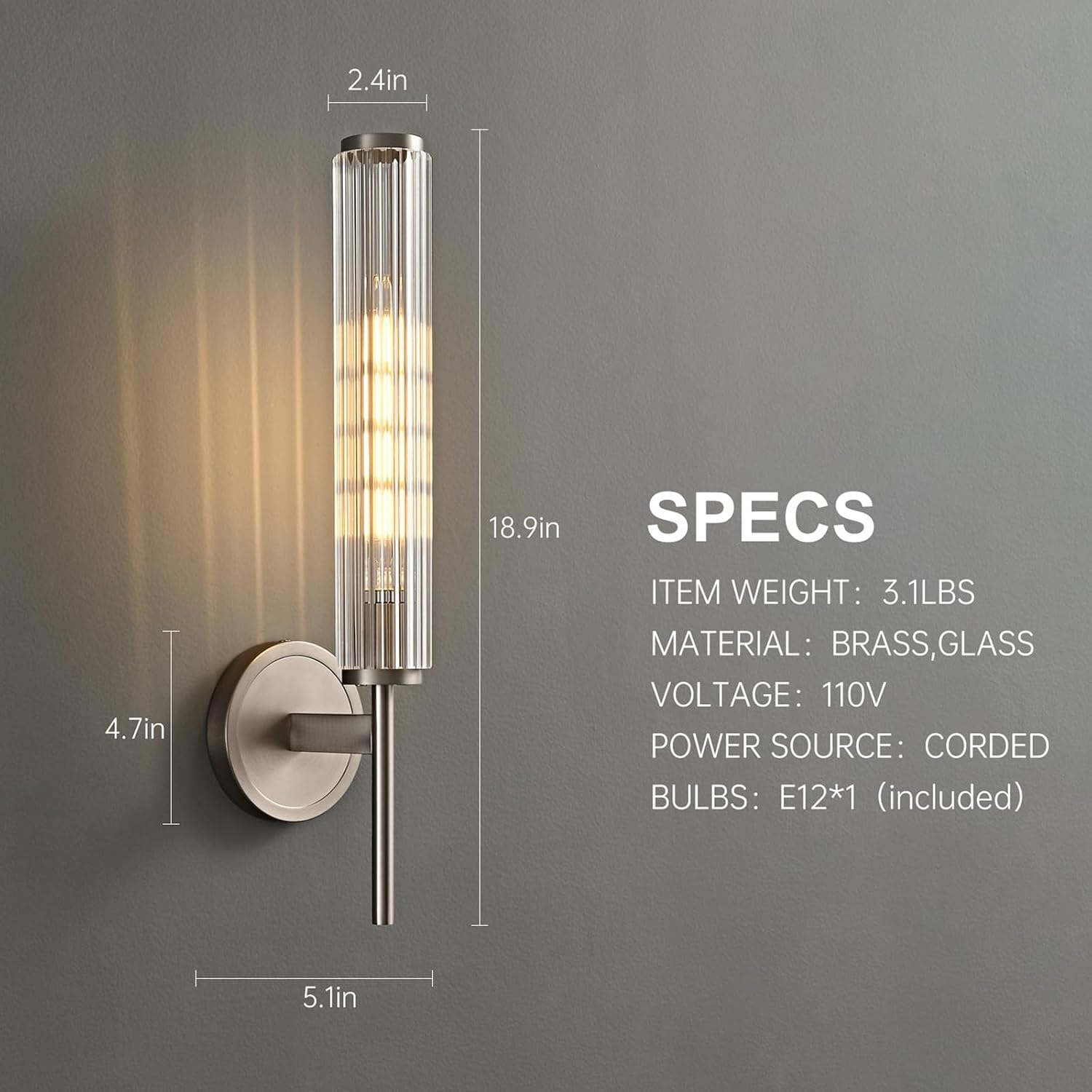 Brushed Nickel Wall Sconce with Ribbed Groove Glass Tube - 18.9' Solid Brass Material Wall lamp Includes Bulbs - Modern Wall Sconces for Bathroom, Living Room, Hallway, Staircase, Mirror