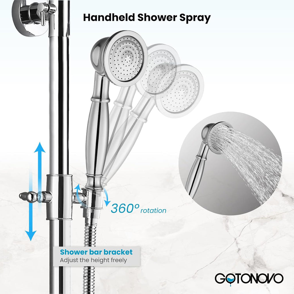 gotonovo Exposed Shower Faucet Set with Shower Shelf 8 inch Rainfall Shower Head with Handheld Sprayer Double Cross Handles Shower System Dual Functions Wall Mounted Polished Chrome