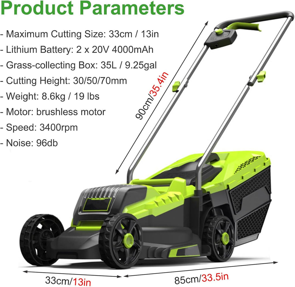 Cordless Lawnmower for Yards, Garden Lawn, Battery Powered Push Lawn Mower with 35L Large Grass Box, Adjustable Cutting Heights