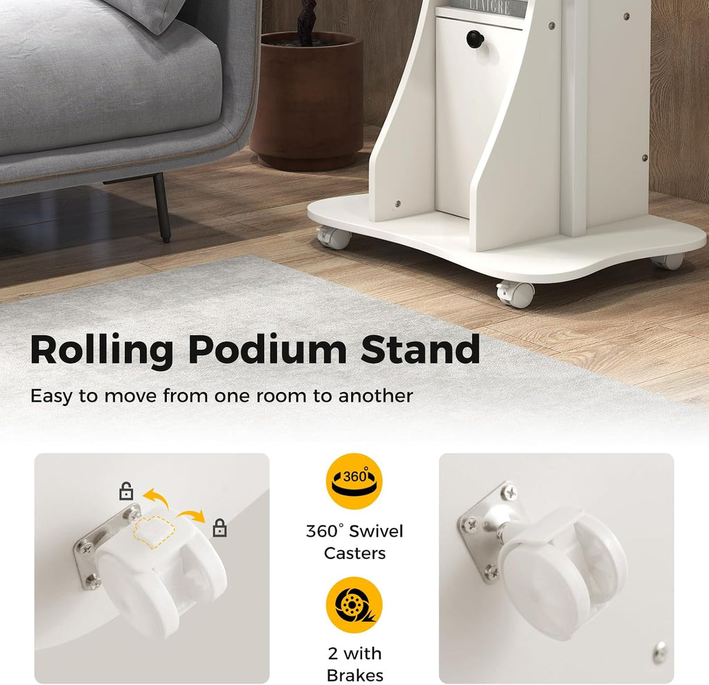 Giantex Mobile Podium Stand, Sit-to-Stand Laptop Cart with Tilting Tabletop & Storage Cabinet, Lockable Casters, Height-Adjustable Rolling Lectern for Classroom, Church, Home Office (White, 2 Pack)