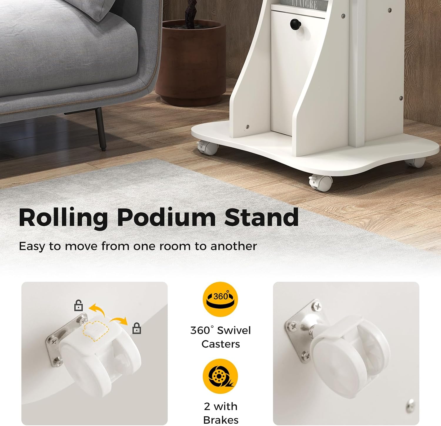 Giantex Mobile Podium Stand, Sit-to-Stand Laptop Cart with Tilting Tabletop & Storage Cabinet, Lockable Casters, Height-Adjustable Rolling Lectern for Classroom, Church, Home Office (White, 2 Pack)