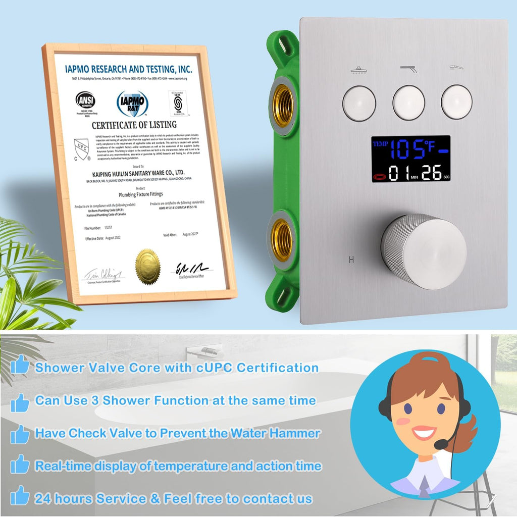 Brushed Nickel Shower System 12 Inch Ceiling Digital Temperature Display Display Shower Faucets Sets Complete Push Button Full Body Shower System with Body Jet, Can Simultaneous Operation