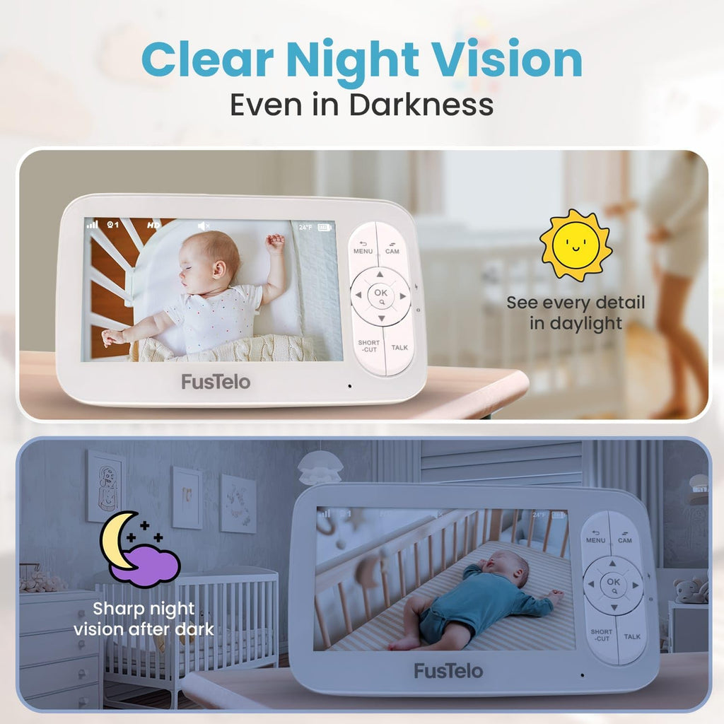 Smart WiFi Baby Monitor with 5' OLED Screen & Camera, 1080P HD, 360° Pan/Tilt, 4X Zoom, Two-Way Audio, Cry & Motion Alerts, Night Vision, Temperature Sensor, Long-Battery, App & Screen View