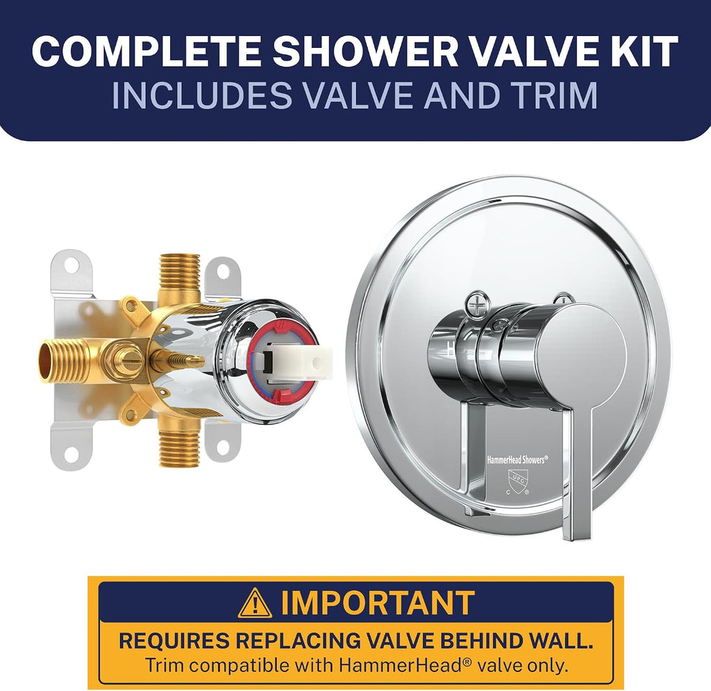 HammerHead Showers Solid Metal Single-Handle Trim Kit with Rough-In Shower Valve, Volume and Temperature Control, Pressure Balance, Chrome