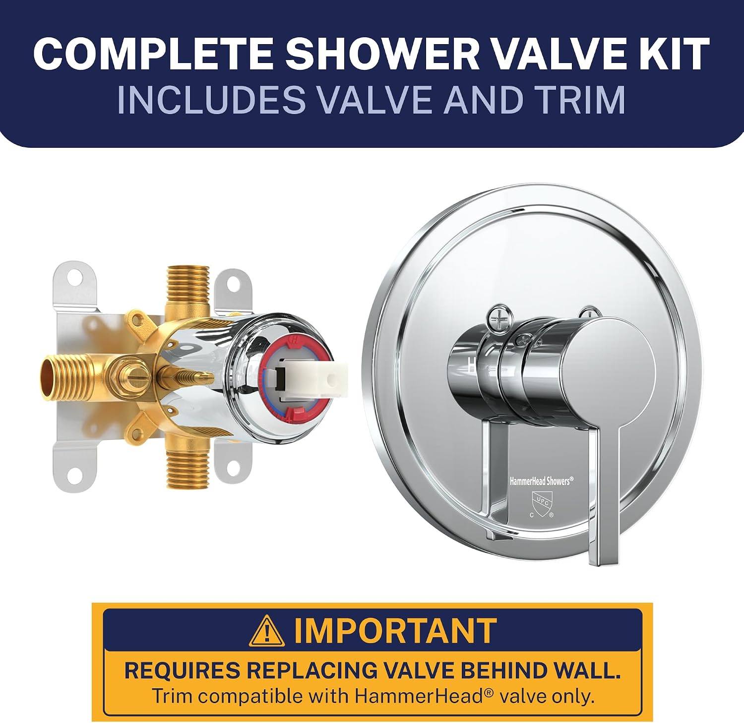 HammerHead Showers Solid Metal Single-Handle Trim Kit with Rough-In Shower Valve, Volume and Temperature Control, Pressure Balance, Chrome