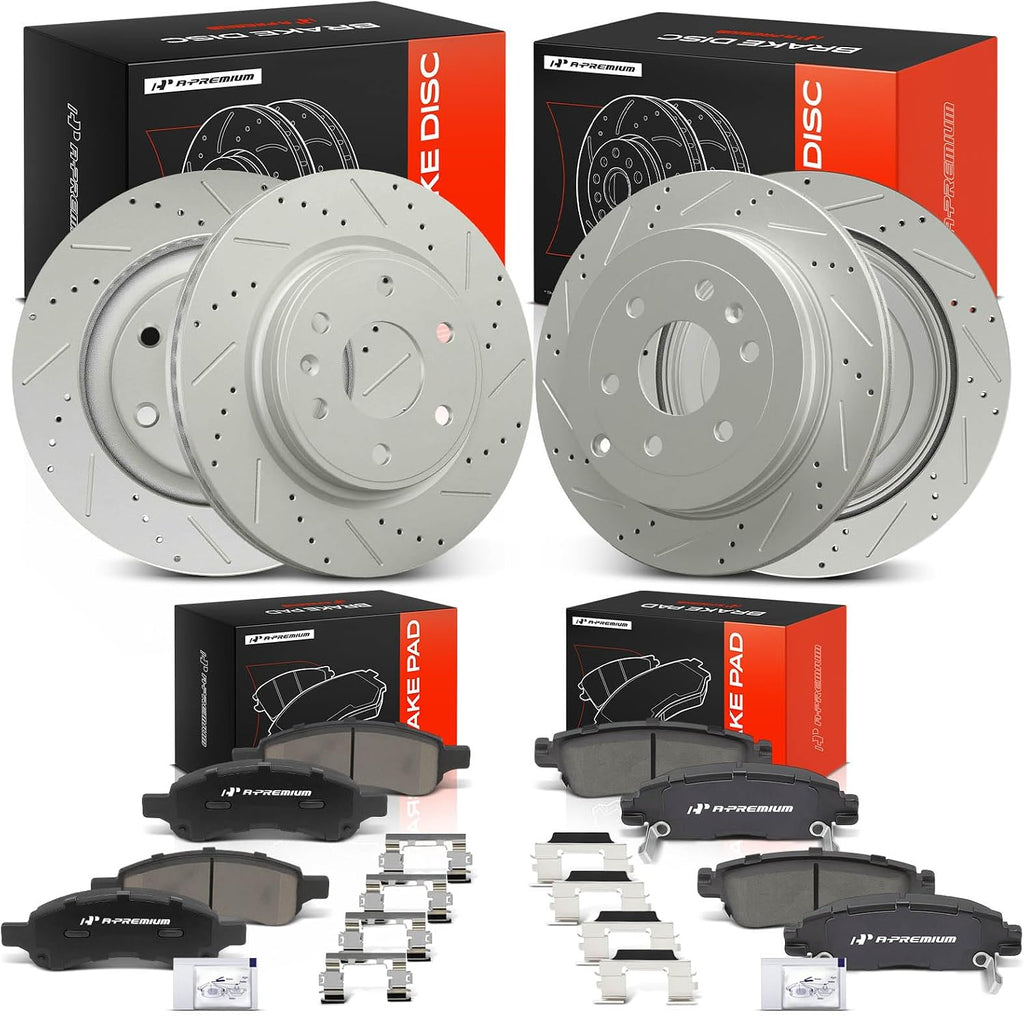 A-Premium Front and Rear Drilled and Slotted Disc Brake Rotors + Ceramic Pads Kit Compatible with Select Buick, Chevy, GMC & Saturn Models - Enclave, Traverse, Acadia, Acadia Limited, Outlook, 12-PC