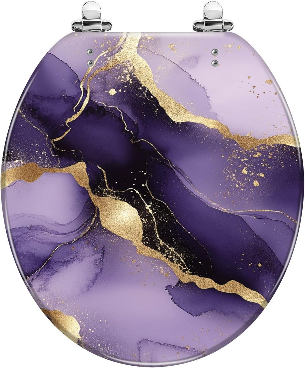 Round Toilet Seat Purple marble gold stripes alcohol ink Luxury violet black watercolor Resin Toilet Seat Slow Quiet Close Lid with Quick-Release Hinges Cover Bumpers Easy to Clean Install