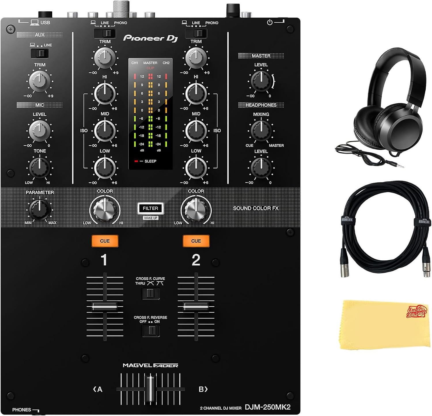 Pioneer DJM-250MK2 2-Channel DJ Mixer with Independent Channel Filter - Bundle with Headphones, XLR Cable, and Austin Bazaar Polishing Cloth
