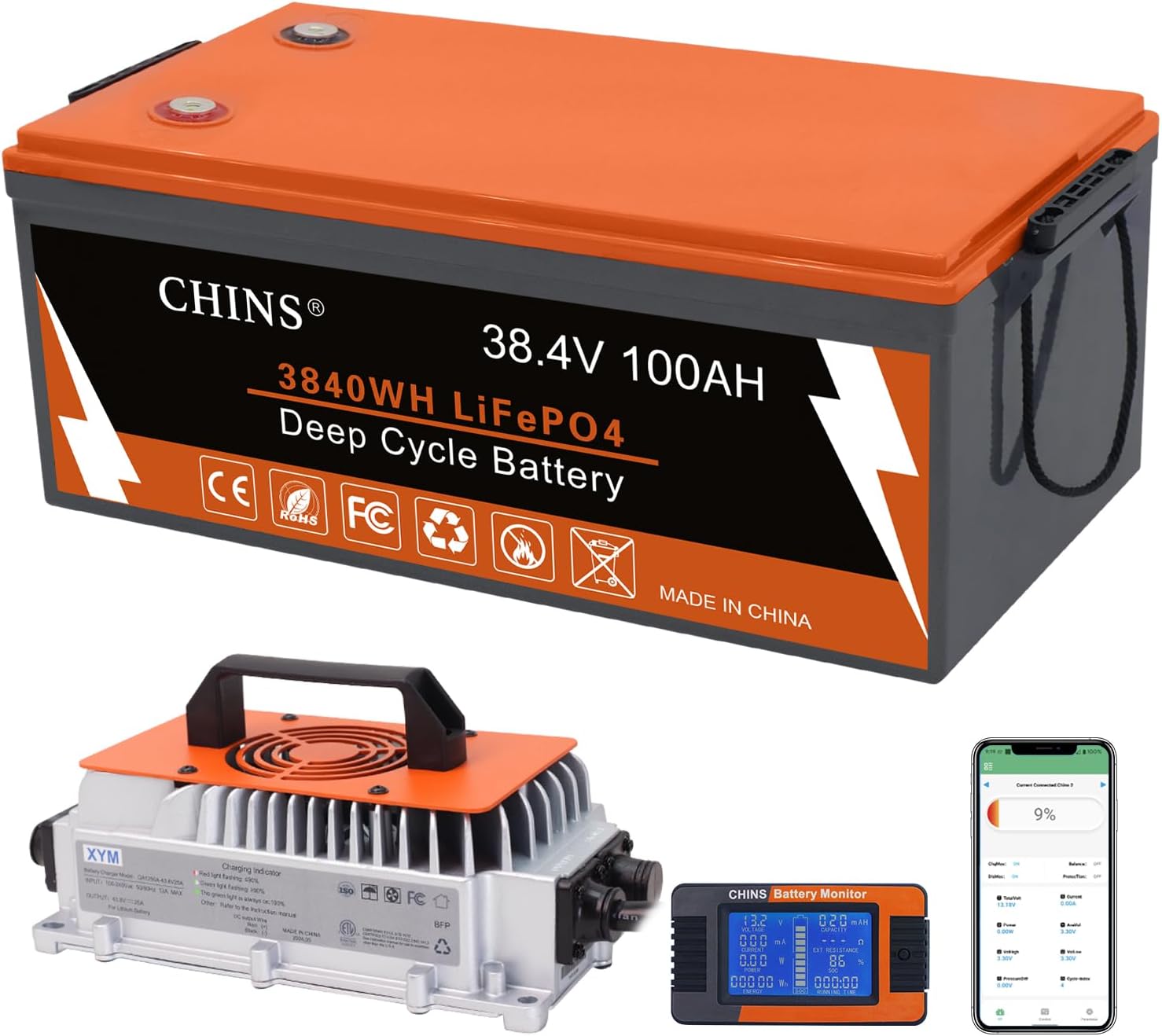 CHINS 36 Volt 100AH Lithium Battery for Golf Cart with 36V 25A Charger, Monitor, Built-in Bluetooth 200A BMS, 36V Golf Cart Battery with 7.68kW Output