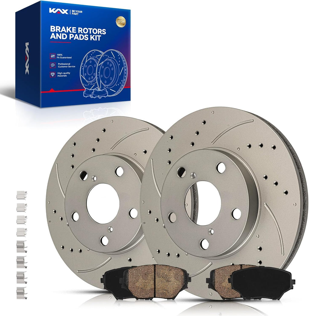KAX Front Brakes and Rotors for Toyota RAV4 2001-2005, Drilled and Slotted Vented Disc Brake Rotor Ceramic Brake Pad Replacement (#31295+D862, 10.83inch, 275MM)
