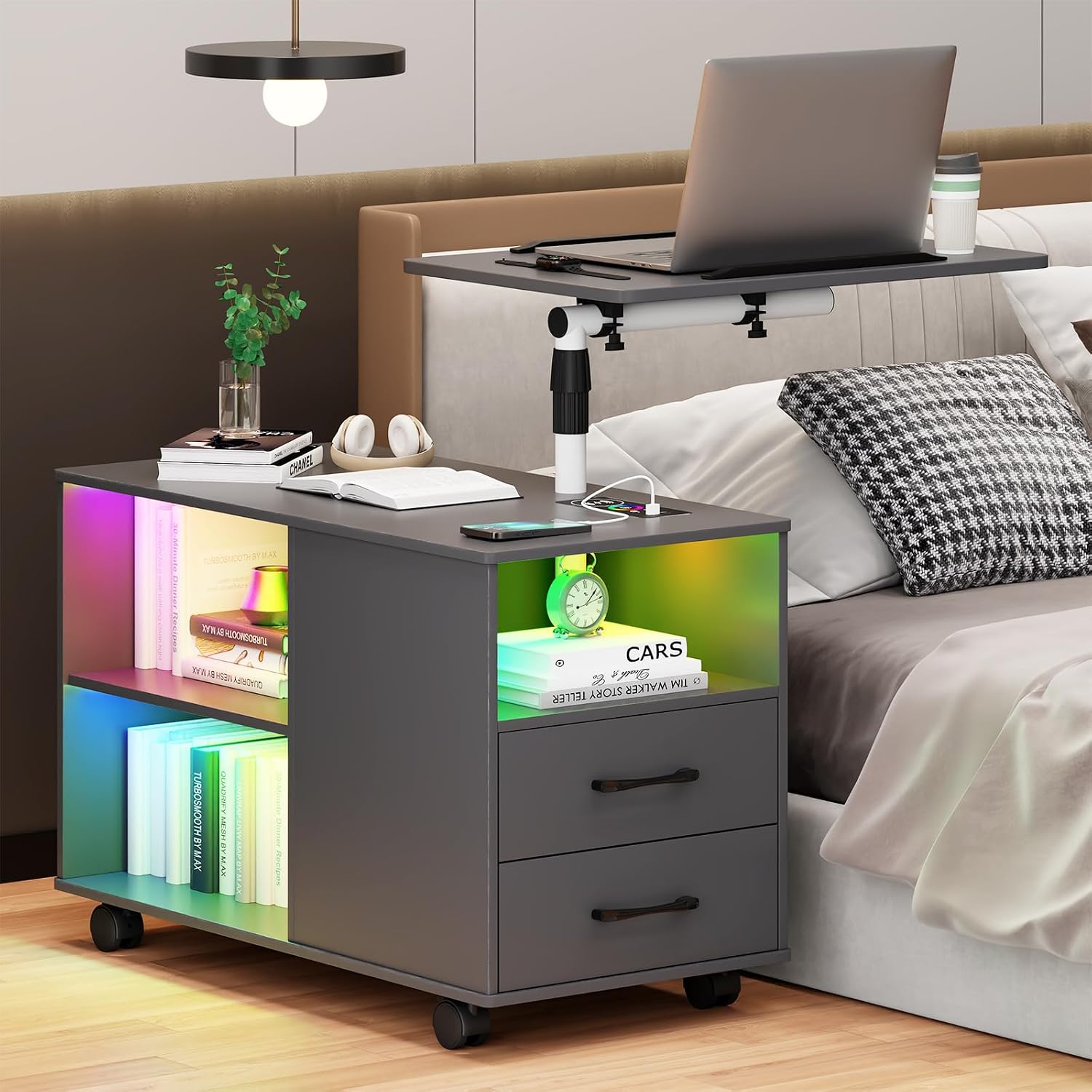 Gurexl Height Adjustable Nightstand with Laptop Tray, LED Bedside Tables with Charging Station, Modern Night Stand Side Table with Human Body Induction (Grey)