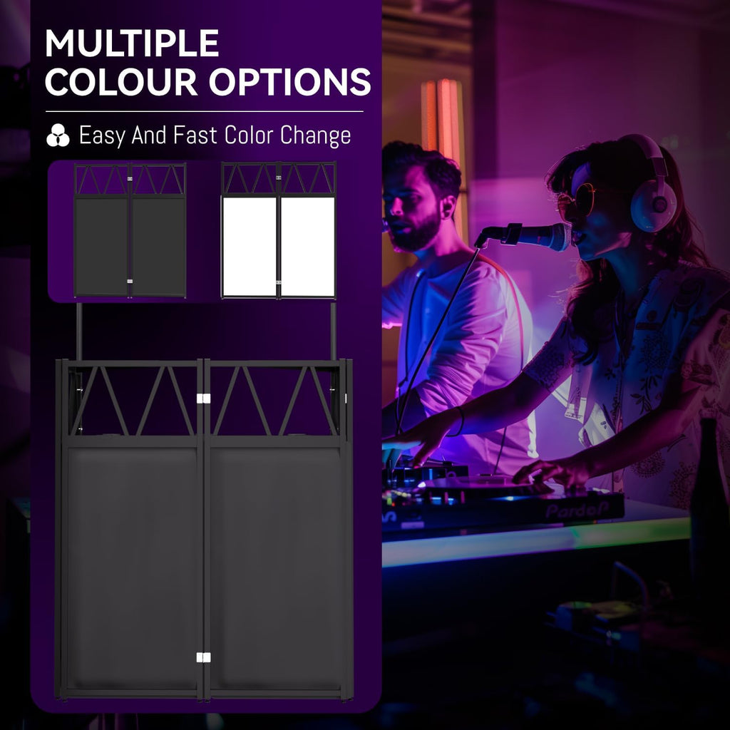 Portable DJ Booth,Foldable DJ Table Stand with Light Stand White & Black Scrim,Adjustable DJ Facade Booth Station Triangle Plate Metal Frame DJ Table with Cable Hole for Private Events, Clubs, Bars