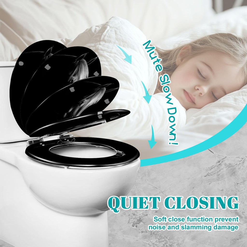 Round Toilet Seat horse Resin Toilet Seat Slow Quiet Close Lid with Quick-Release Hinges Cover Bumpers Easy to Clean Install