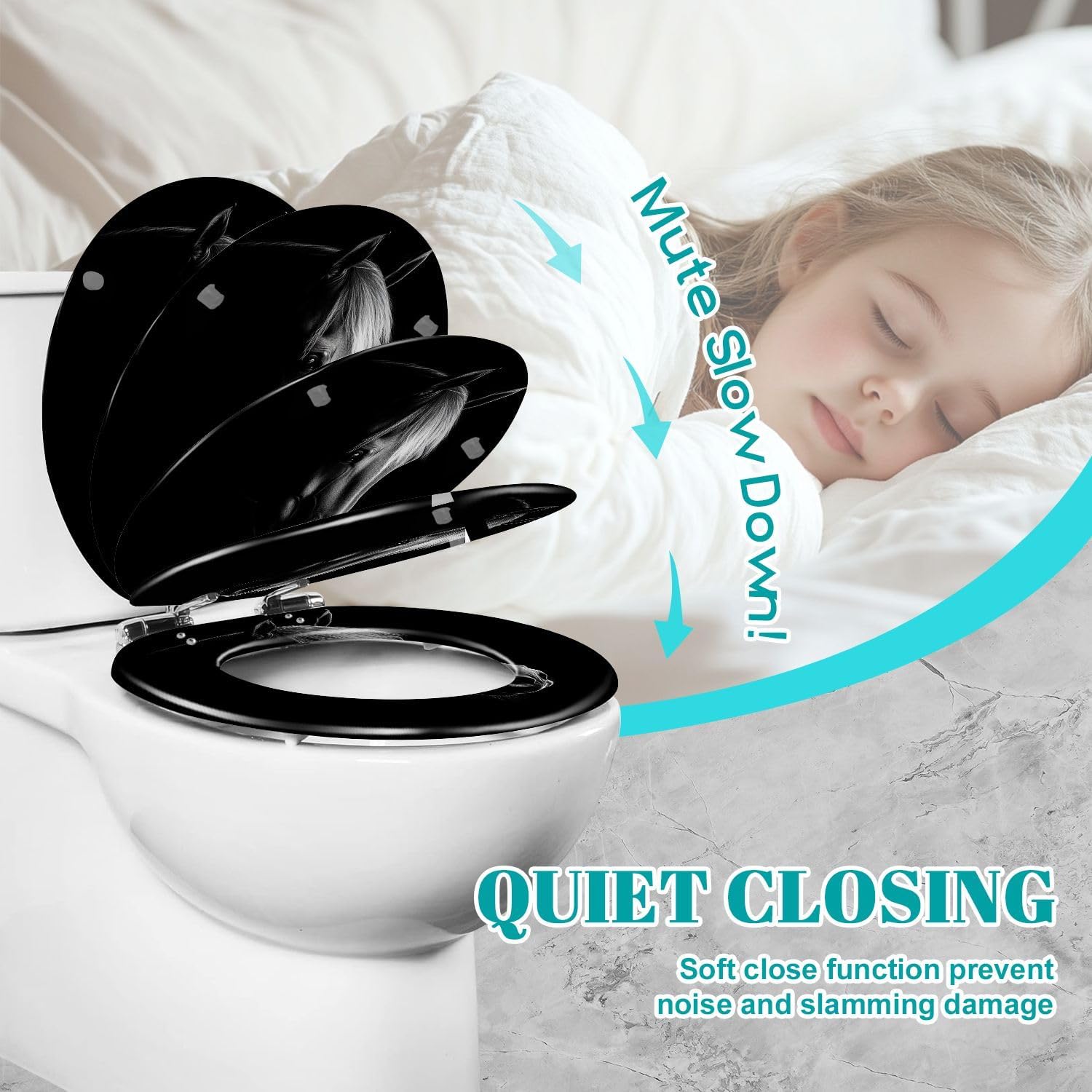 Round Toilet Seat horse Resin Toilet Seat Slow Quiet Close Lid with Quick-Release Hinges Cover Bumpers Easy to Clean Install