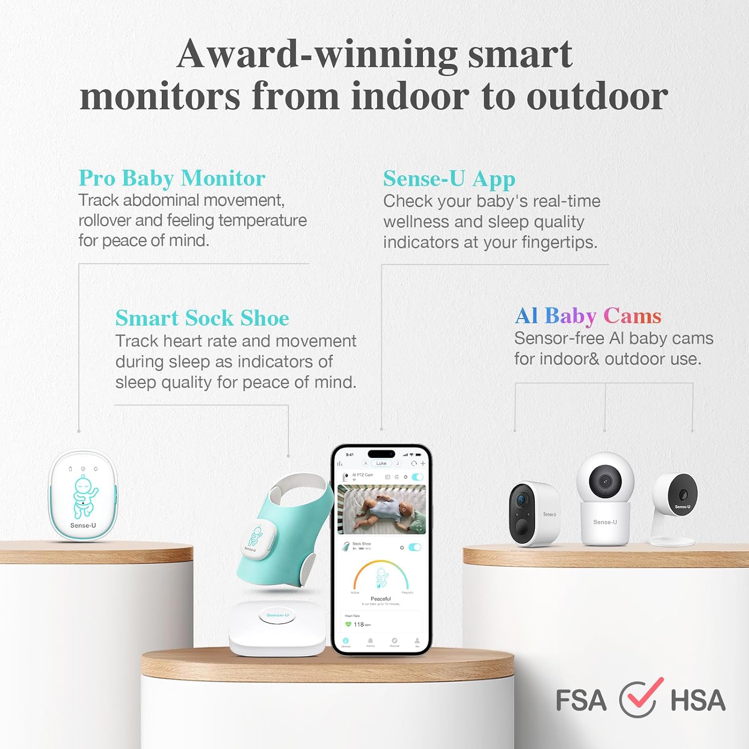 Sense-U Smart Baby Sock Monitor and 2.5K PTZ Camera, Tracks Heart Rate, Sleep Trends & Movement Anytime Anywhere, Video Monitor