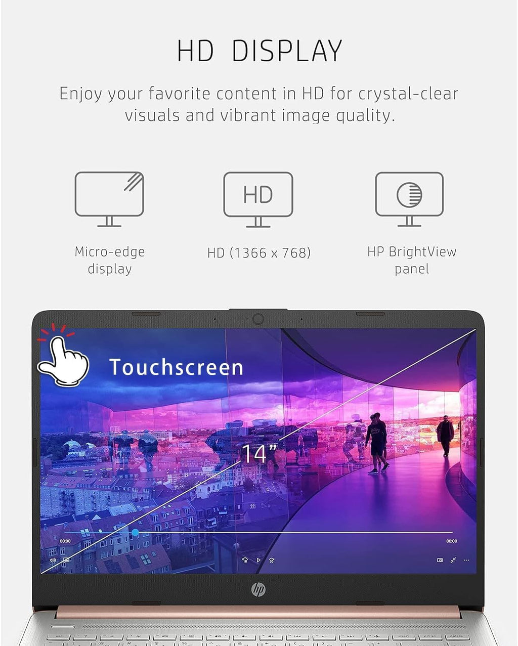 HP 14 inch Touchscreen Laptop - Intel Celeron Dual Core Processor - 8GB RAM, 64GB Storage - Windows 10 - Pale Rose Gold - Fast Charging - 10 Hour Battery - USB Type C - 5Gbs USB