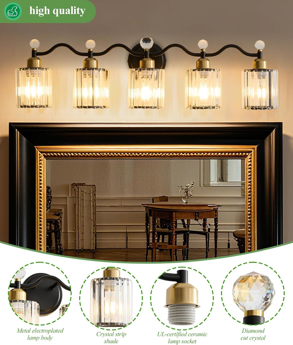 5 Light Vanity Light, Modern Black and Gold Crystal Bathroom Vanity Lighting Fixtures, Bath Wall Mount Lights with Clear Crystal Glass Shade, Wall Sconce Light for Mirror Bedroom Living Room, E26 Base