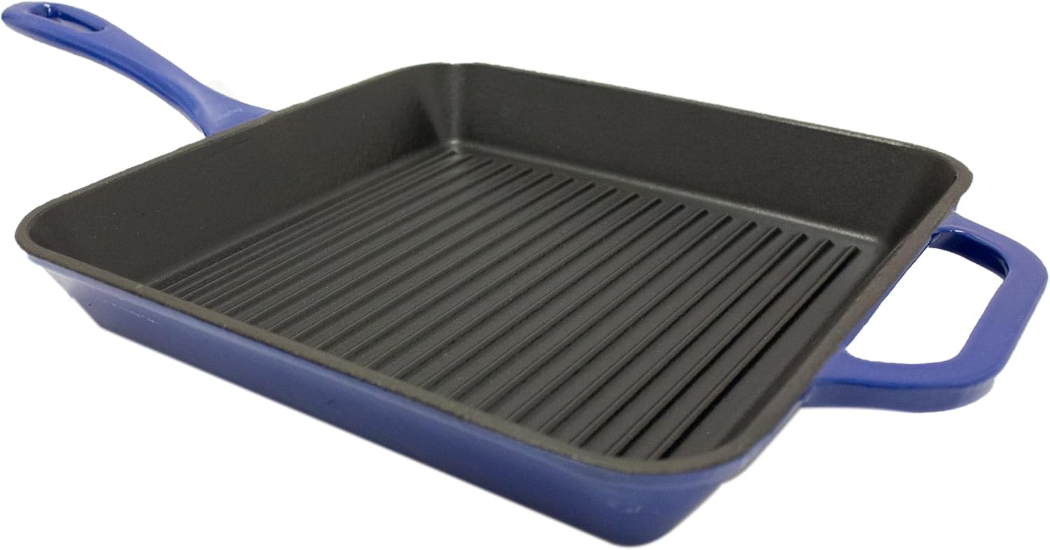 BergHOFF 2Pc Enameled Cast Iron 10' Fry Pan, 10' Grill Pan Set, Induction Cooktop Ready, Oven Safe Up to 400°F, Blue