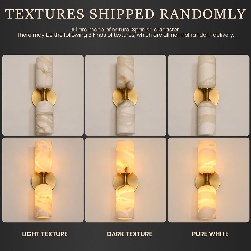 Gold Alabaster Wall Sconces Set of 2, 14in Spanish Natural Marble Sconce, Modern Stone Wall Light, Dimmable Alabaster Vanity Light Hardwired Brass Wall Lamp for Bathroom Mirror, Bedroom, Hallway