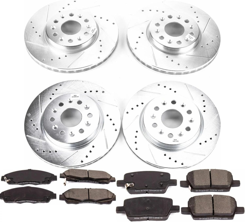 PowerStop Front and Rear Brake Kit for Buick Enclave 2018-20 |Chevrolet Blazer 2019-20 |Traverse 2018-20 - Drilled and Slotted Disc Rotors with Carbon-Fiber Ceramic Brake Pads Replacement, K7410