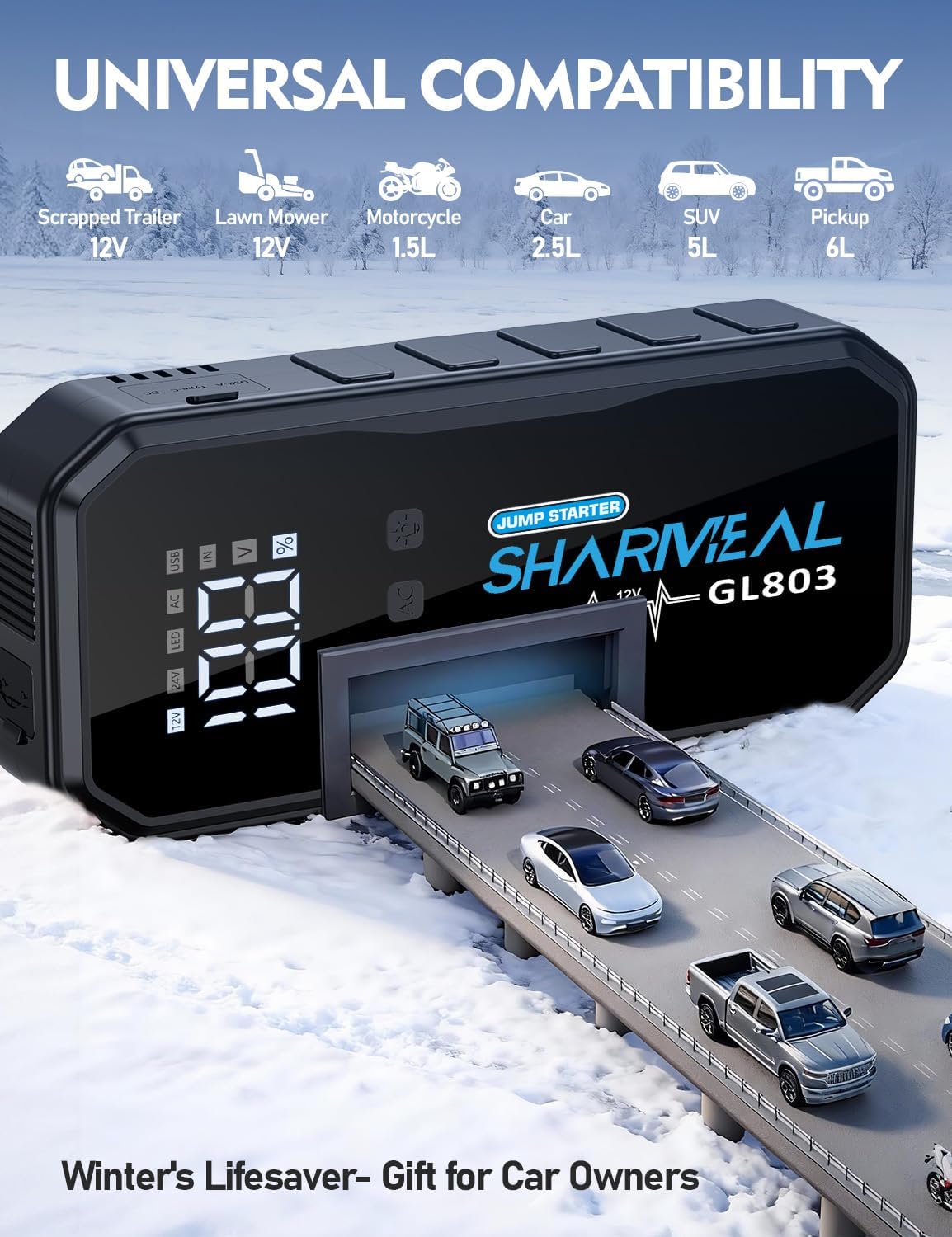 Sharmeal 22-in-1 9000A Jump Starter, 24000mAh Car Booster Pack with 80W AC Outlet & PD 35W Super Fast Charging, 12V Jump Starter Battery Pack for All Gas and 12.0L Diesel