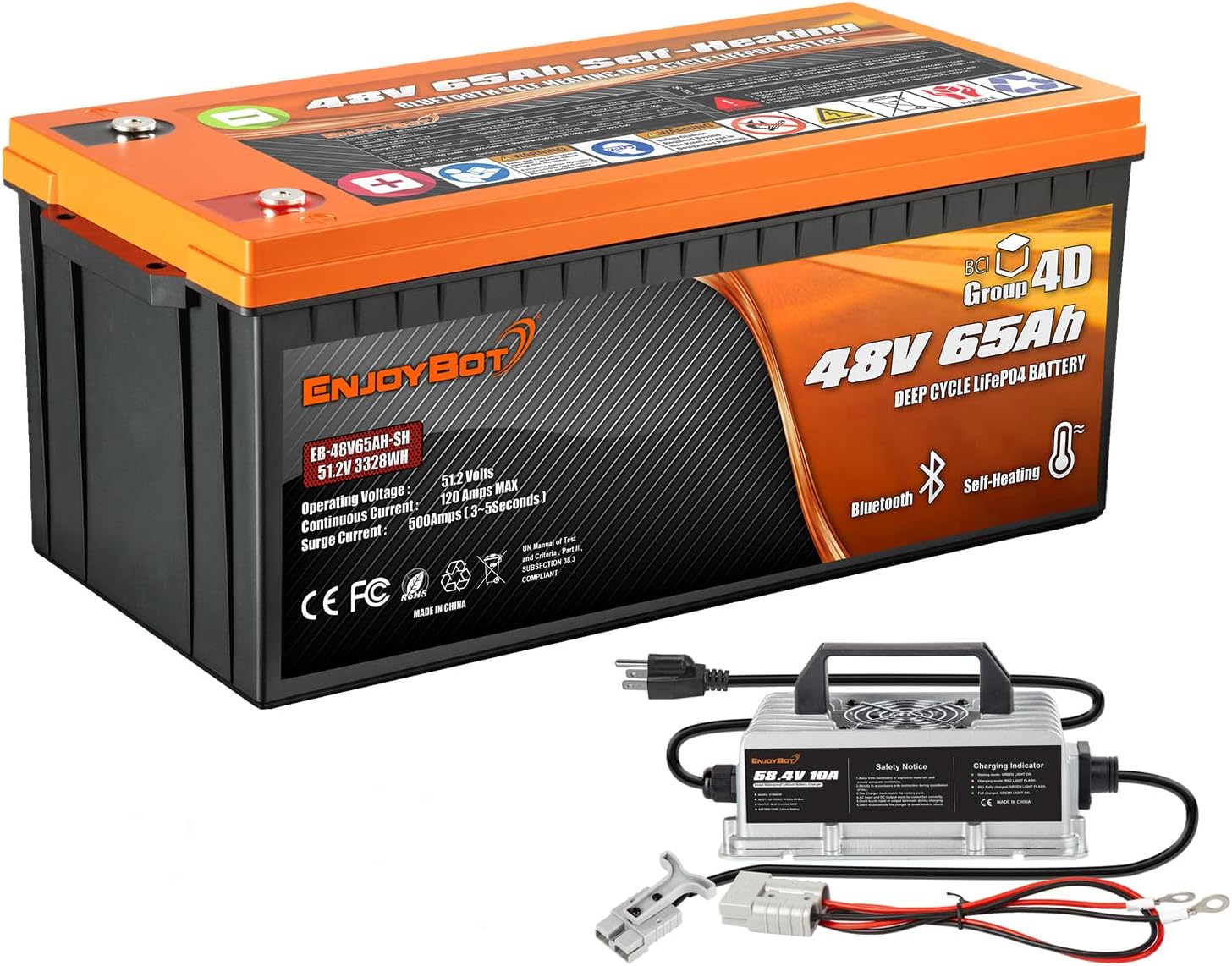 Enjoybot 48V 65Ah LiFePO4 Lithium Battery Self Heating with 58.4V 10A Charger, Built-in 120A BMS and Bluetooth, 10-Year Lifetime, Peak Current 500A for Golf Cart RV Camper Solar